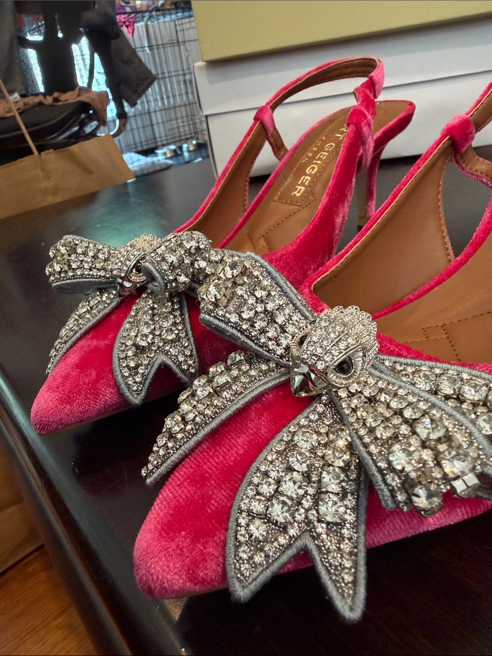 Kurt Geiger Hot Pink Velvet Slingback Flats with Crystal Bow - Picture 5 of 7